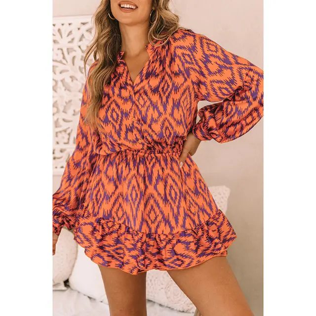 Personalized Design Sense Printed Waist controlled Jumpsuit Women's Summer New Ruffled Orange - Shop at LoveMi