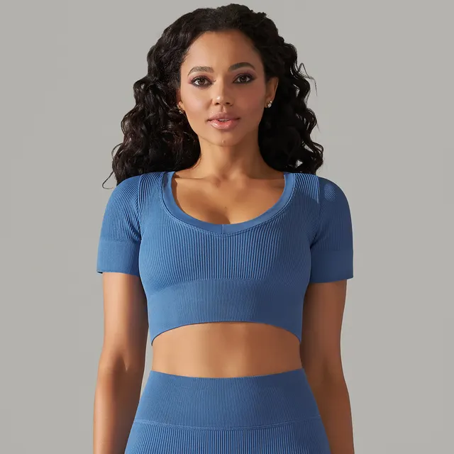 Seamless Rib Solid Color Sexy Beauty Back Yoga Clothes Sports Running Fitness Blue - Shop at LoveMi