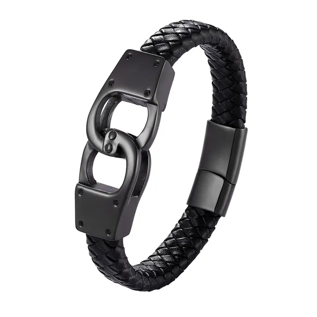 Men's Stainless Steel Woven Leather String Bracelet Black - Shop at LoveMi