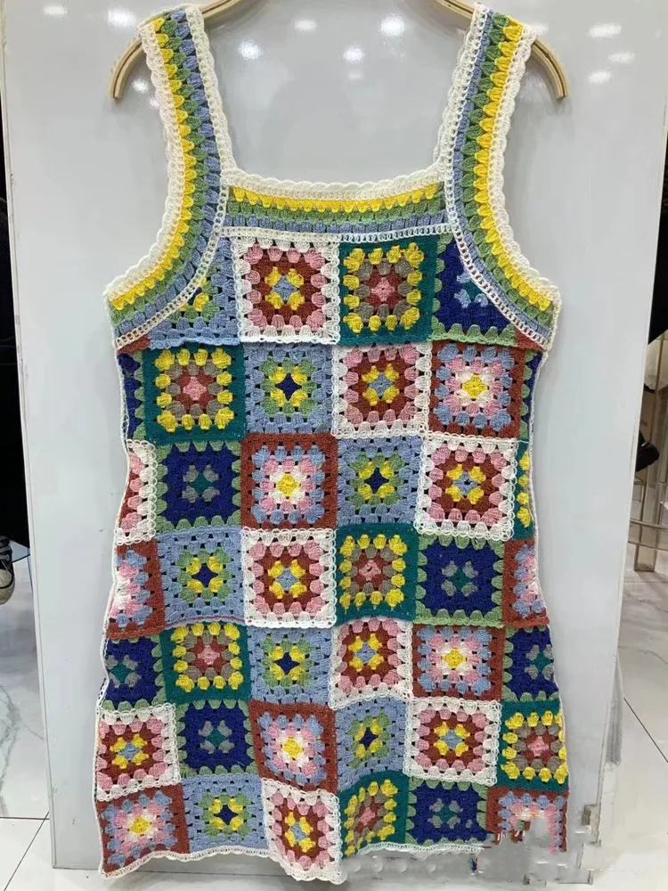 Ethnic Style Contrast Color Heavy Industry Crochet Cutout Sling Dress Green - Shop at LoveMi
