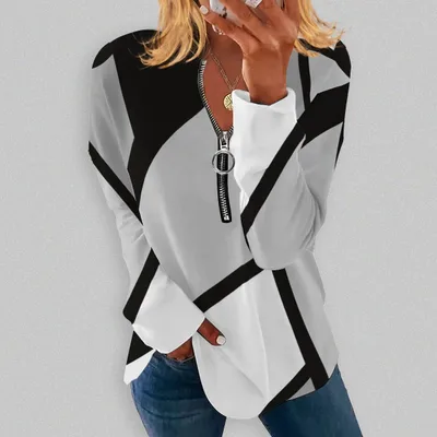 RETRO Geometric Printed Round Neck Long sleeve T shirt Long sleeve Zipper Gray - Shop at LoveMi
