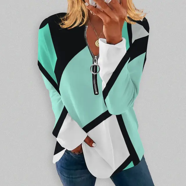 RETRO Geometric Printed Round Neck Long sleeve T shirt Long sleeve Zipper Green - Shop at LoveMi