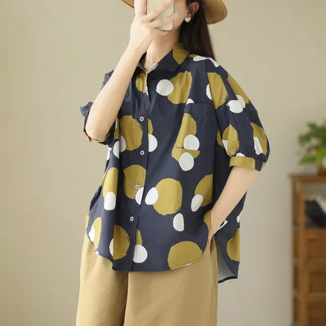 Summer New Literary Flower Printing Loose Polka Dot Short Sleeve Shirt For Women Blue Polka Dots - Shop at LoveMi