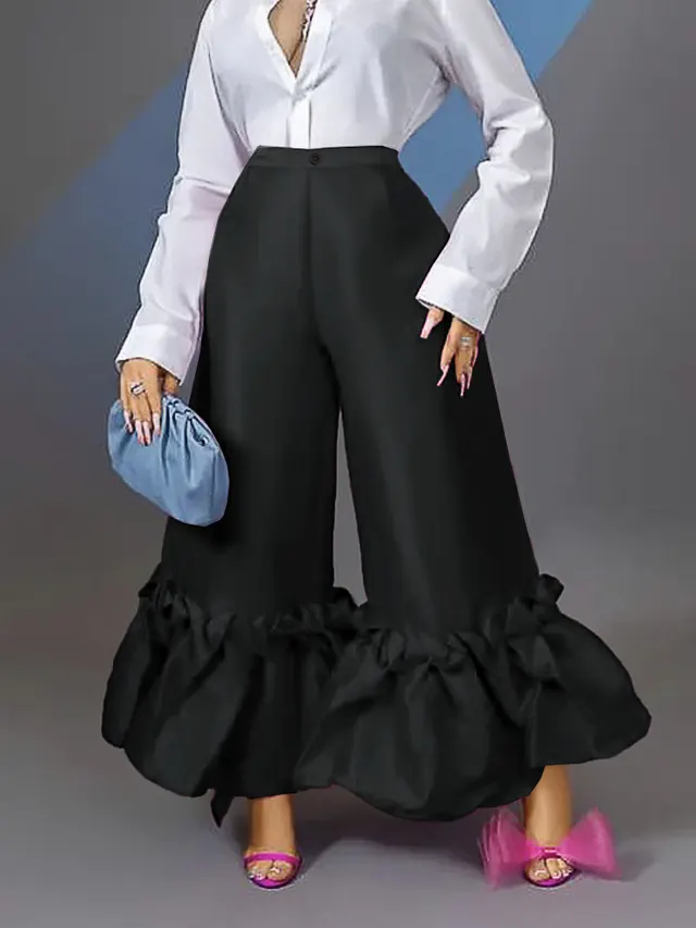 Patchwork Ruffled Loose High Waist Wide leg Casual Pants 4589 Black - Shop at LoveMi