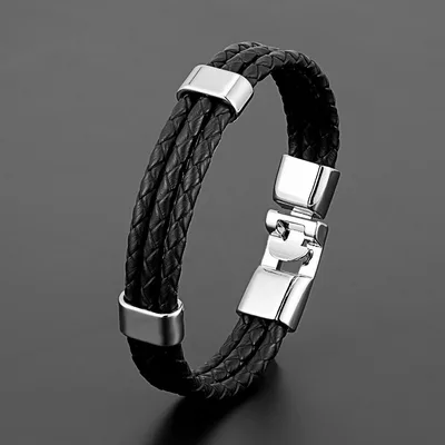Men's Fashion All match Leather Braided Bracelet Ornament White Buckle Black Leather - Shop at LoveMi