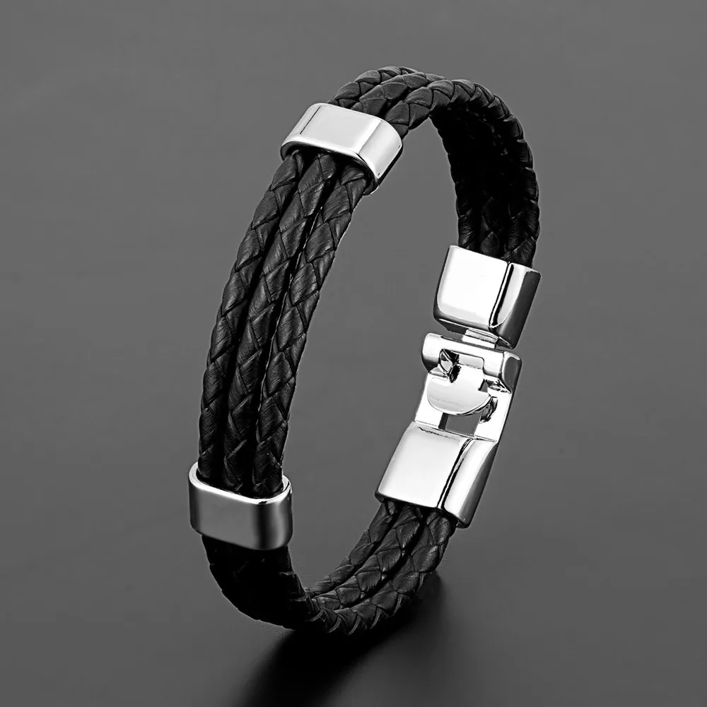 Men's Fashion All-match Leather Braided Bracelet Ornament - White Buckle Black Leather