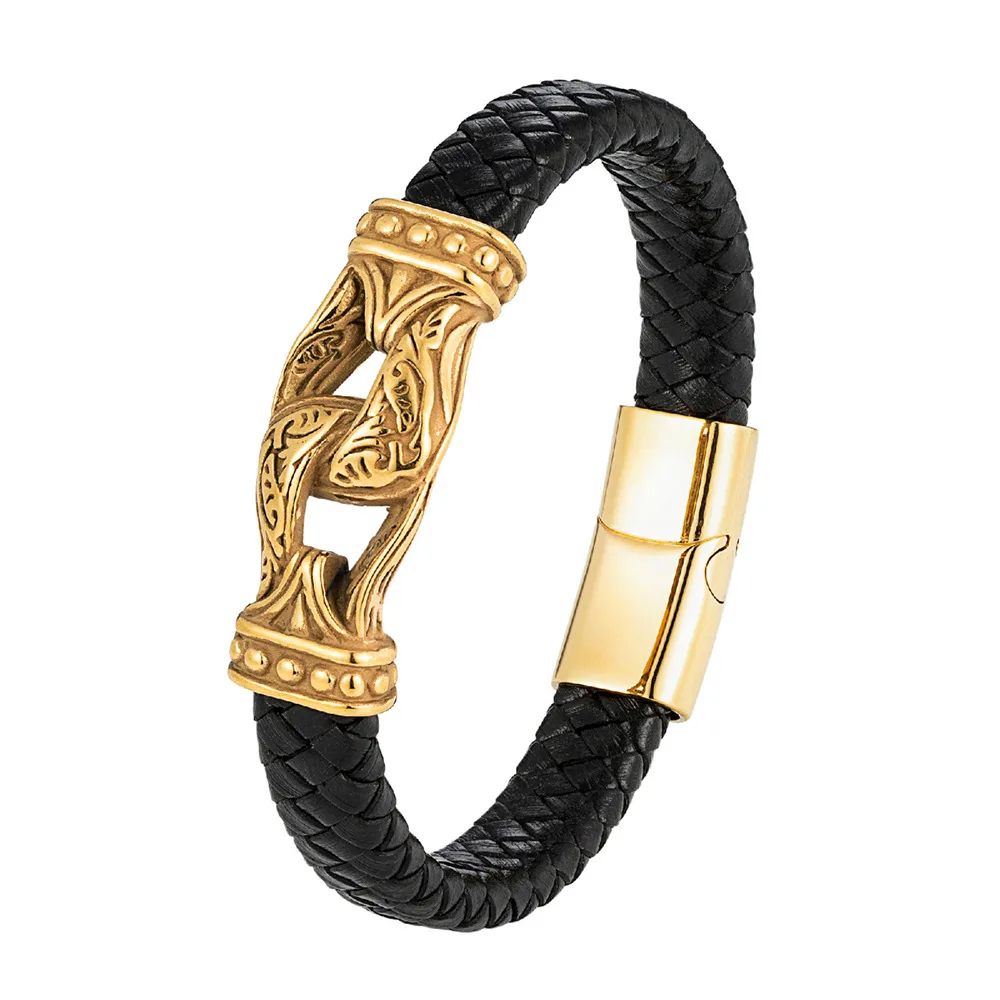 Stainless Steel Jewellery Double Stirrup Tibetan Men's Authentic Leather Weave Bracelet - 23Cm Gold