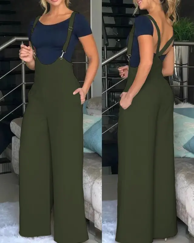 Summer Women's Solid Color Suspender Pants Army Green - Shop at LoveMi