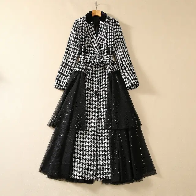 Houndstooth Stitching Sequins Tulle Skirt Style Coat Overcoat Black - Shop at LoveMi