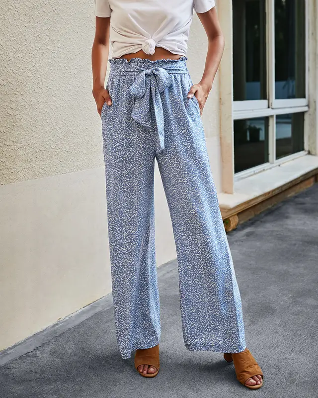 Women's Fashionable Leopard Print Lace up Wide leg Trousers Light Blue - Shop at LoveMi