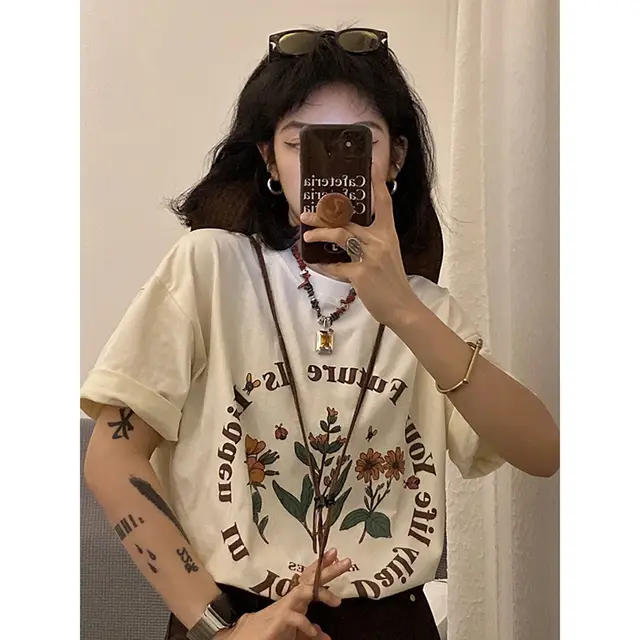 Women's Plus Size Half Sleeve Vintage Printed T shirt Beige - Shop at LoveMi