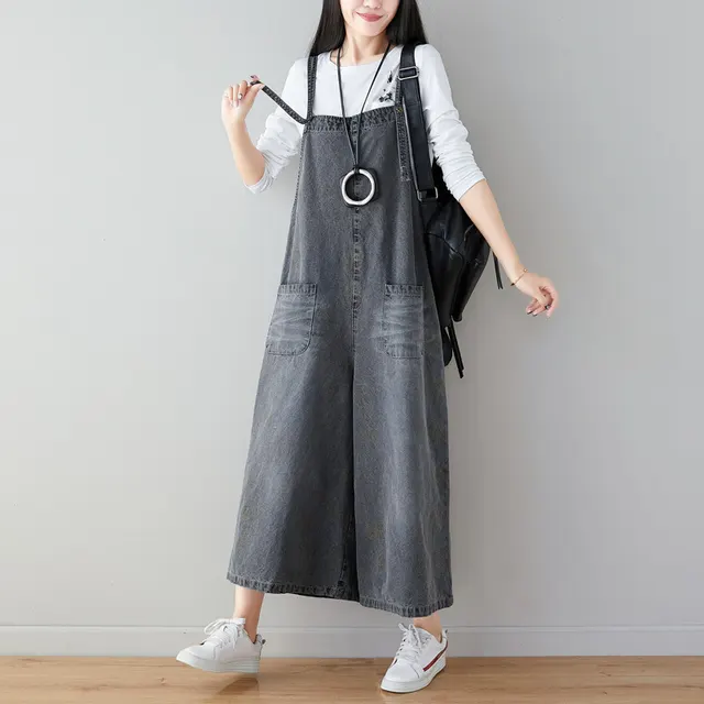 Washed Dark Flower Back Wide leg Plus Size Women's Overalls Light Gray - Shop at LoveMi