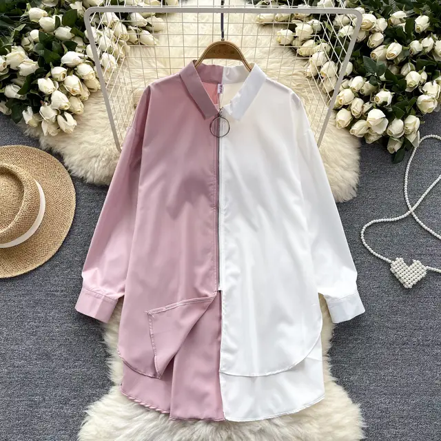 Idle Style Mid length Color Matching Shirt Pink - Shop at LoveMi