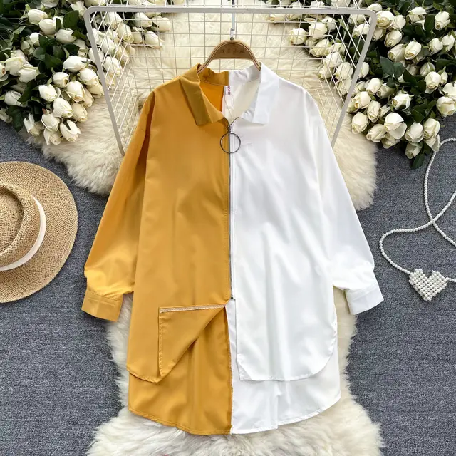 Idle Style Mid length Color Matching Shirt Yellow - Shop at LoveMi