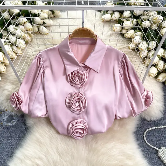 Three dimensional Flower Puff Sleeve 1 French Satin Top Pink - Shop at LoveMi