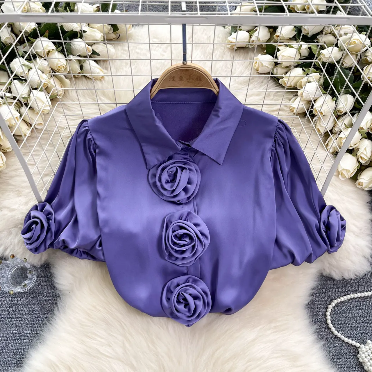 Three-dimensional Flower Puff Sleeve 1 French Satin Top - Purple