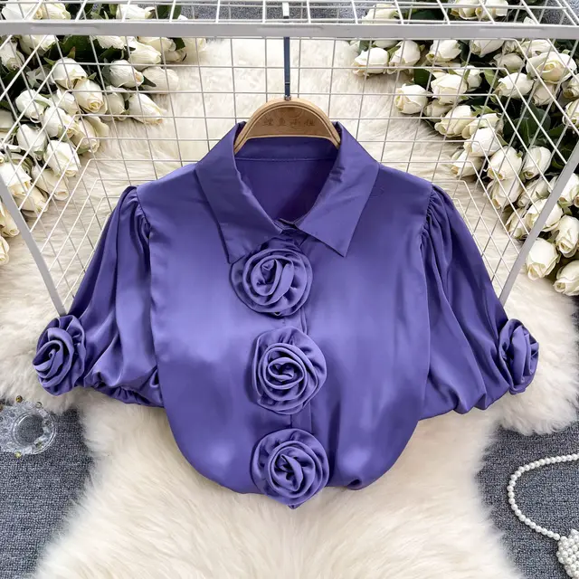 Three dimensional Flower Puff Sleeve 1 French Satin Top Purple - Shop at LoveMi