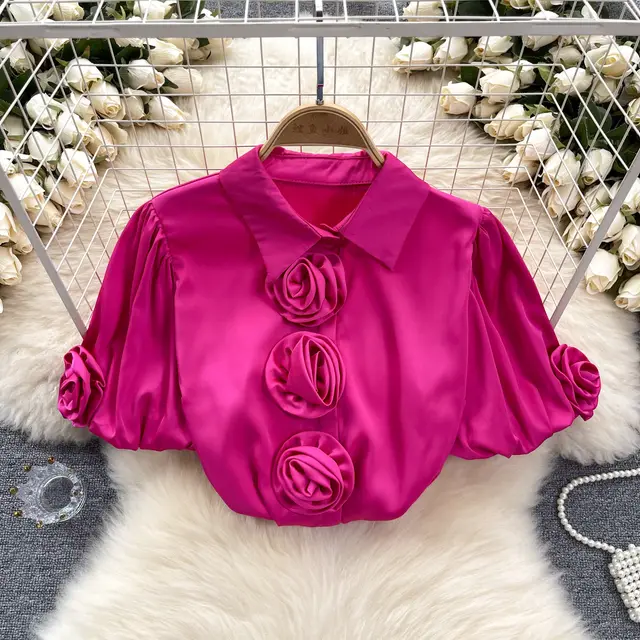 Three dimensional Flower Puff Sleeve 1 French Satin Top Rose Red - Shop at LoveMi