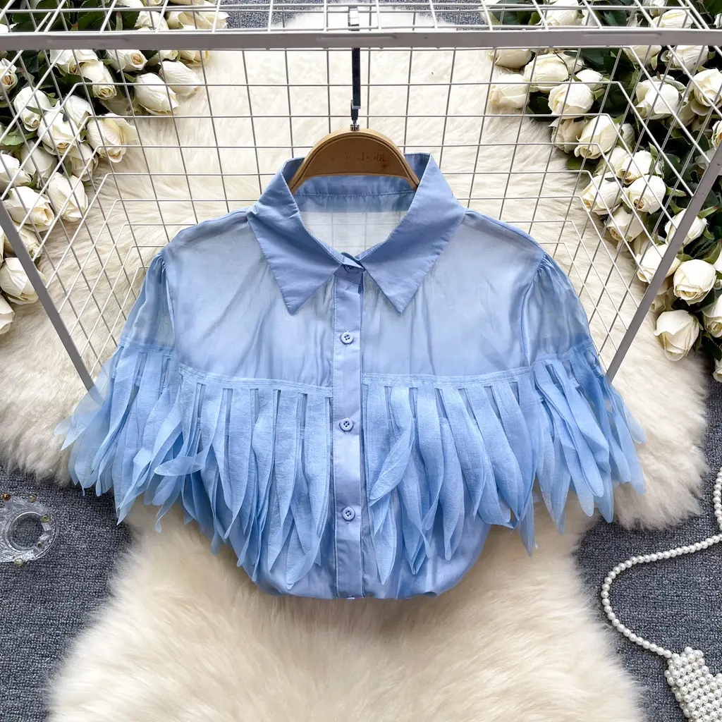 Puff Sleeve Shirt Fashionable Sheer Top - Blue