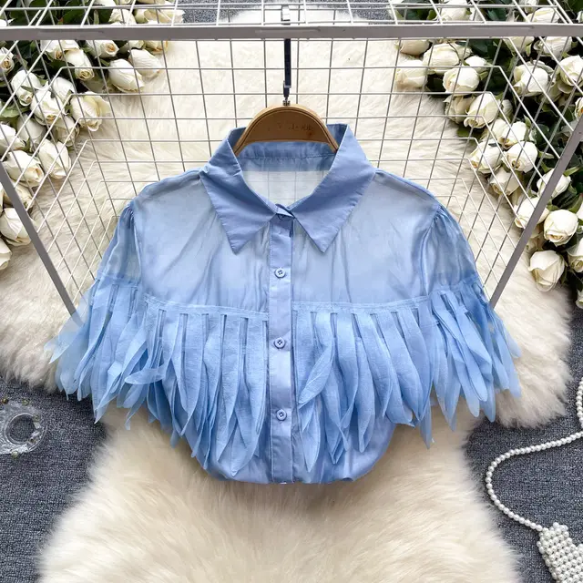 Puff Sleeve Shirt Fashionable Sheer Top Blue - Shop at LoveMi