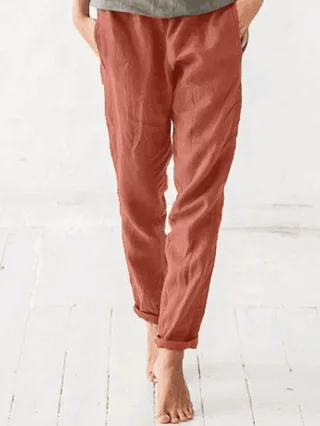 Women's Elastic Waist Solid Color Cotton And Linen Casual Trousers - Orange