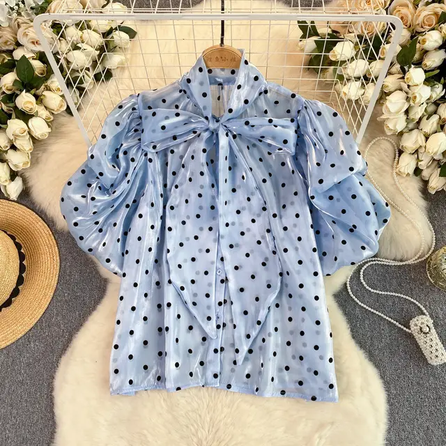 French Style Retro Dots Shirt Female Sweet Bow Collar Blue - Shop at LoveMi