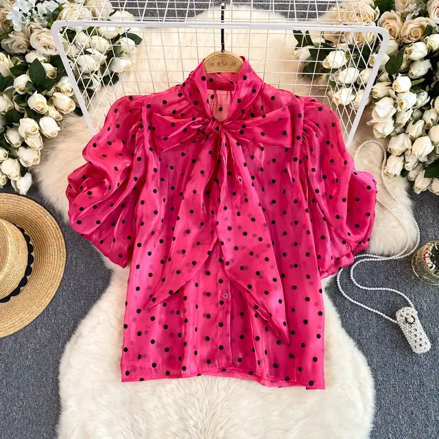 French Style Retro Dots Shirt Female Sweet Bow Collar Rose Red - Shop at LoveMi