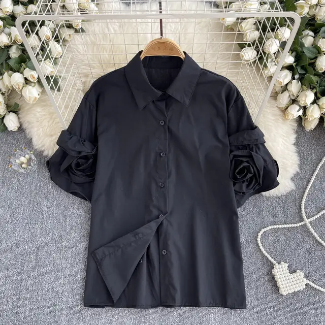 French Style Shirt Women's Design Three dimensional Flower Short Sleeve Black - Shop at LoveMi