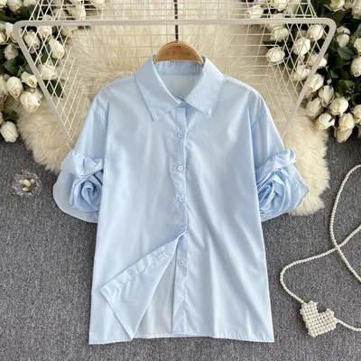 French Style Shirt Women's Design Three dimensional Flower Short Sleeve Blue - Shop at LoveMi