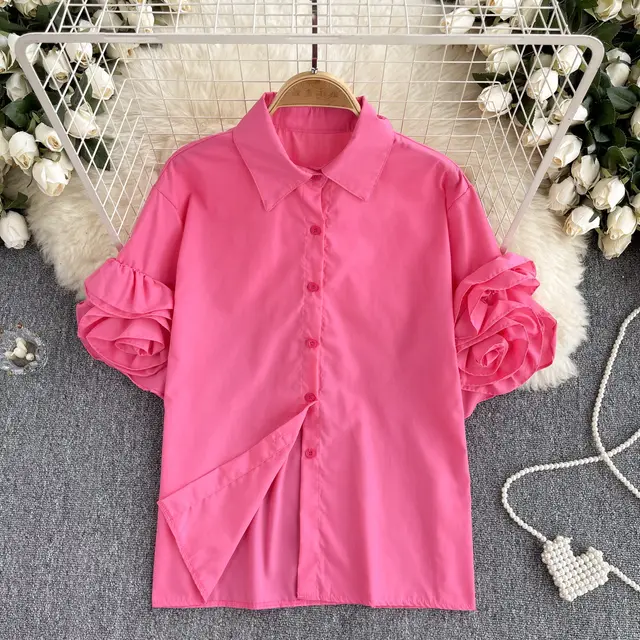 French Style Shirt Women's Design Three dimensional Flower Short Sleeve Rose Red - Shop at LoveMi