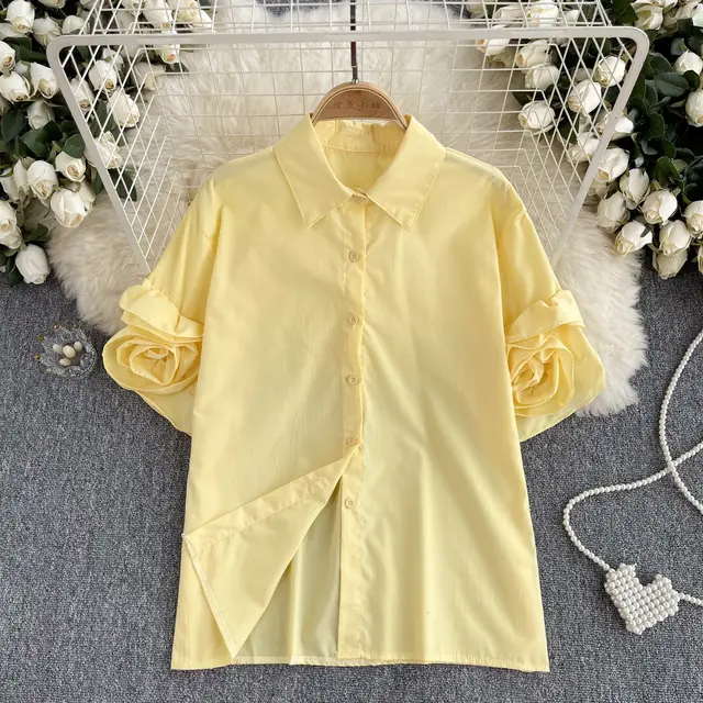 French Style Shirt Women's Design Three dimensional Flower Short Sleeve Yellow - Shop at LoveMi