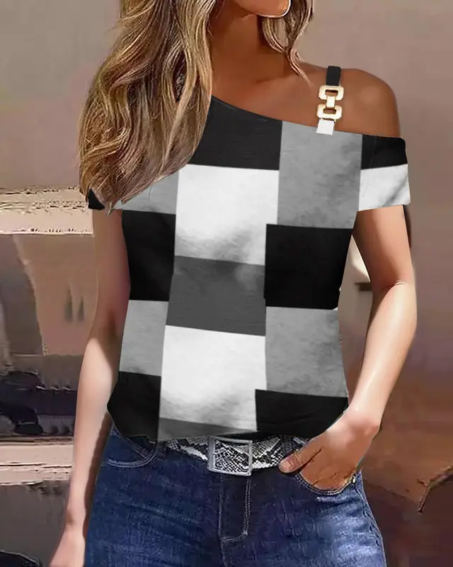 Women's Summer Simplicity Short sleeved Metal Buckle Printed T shirt Black And White Plaid - Shop at LoveMi