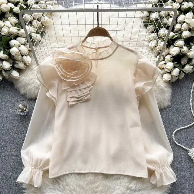 Sweet Ruffled Collar Pullover Puff Sleeve Chiffon Shirt Apricot - Shop at LoveMi