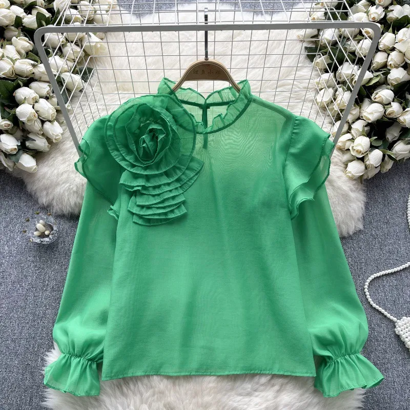 Sweet Ruffled Collar Pullover Puff Sleeve Chiffon Shirt - Green - View 1
