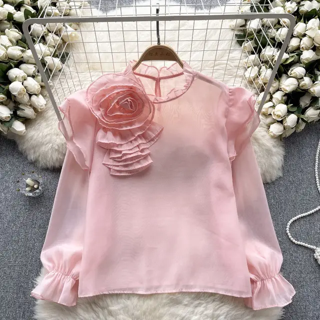 Sweet Ruffled Collar Pullover Puff Sleeve Chiffon Shirt Pink - Shop at LoveMi