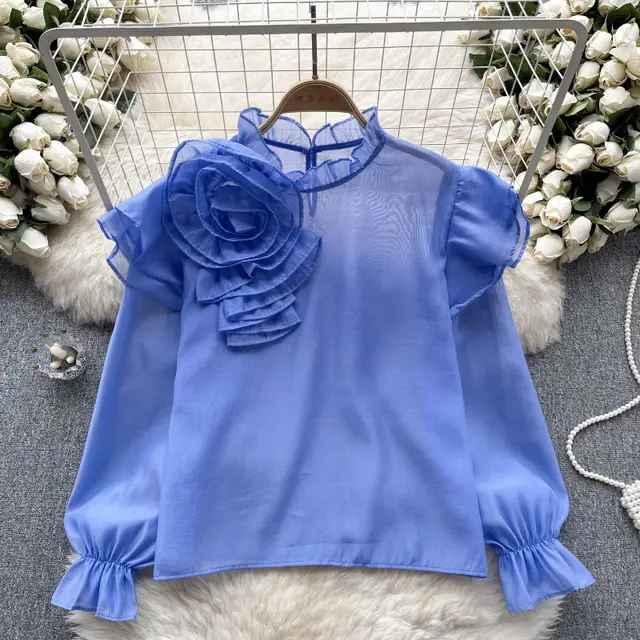 Sweet Ruffled Collar Pullover Puff Sleeve Chiffon Shirt Purple - Shop at LoveMi