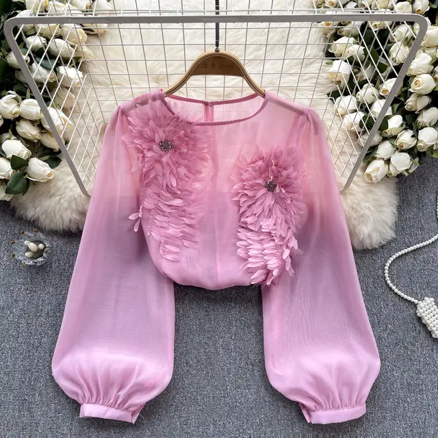 Design Three dimensional Flower Slim fit Puff Sleeve Pullover Shirt Women Pink - Shop at LoveMi