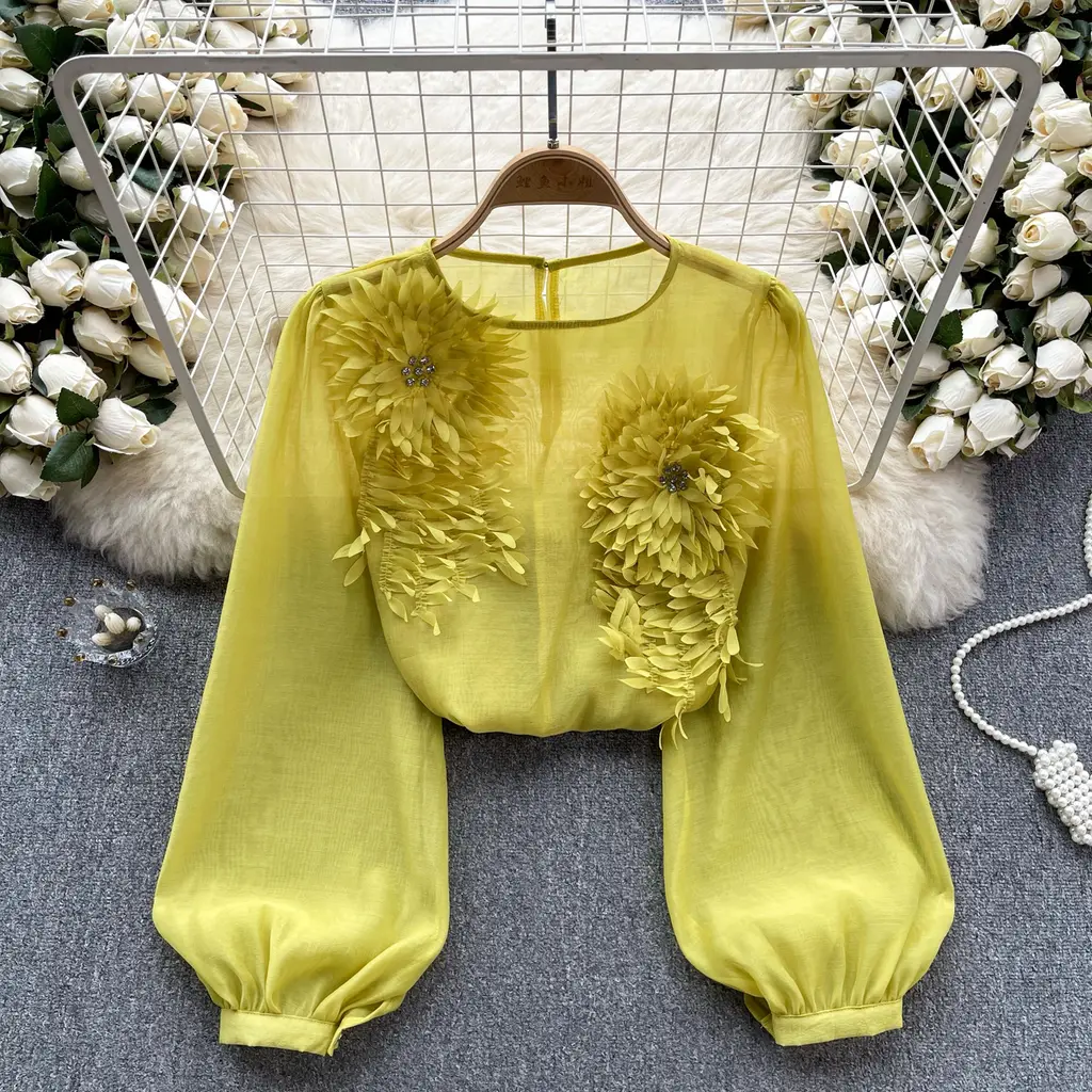 Design Three-dimensional Flower Slim-fit Puff Sleeve Pullover Shirt Women - Yellow