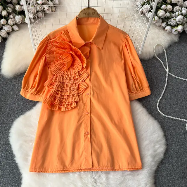 Heavy Industry Three dimensional Flower Lapel Pleated Slim Top Orange - Shop at LoveMi