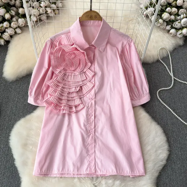 Heavy Industry Three dimensional Flower Lapel Pleated Slim Top Pink - Shop at LoveMi