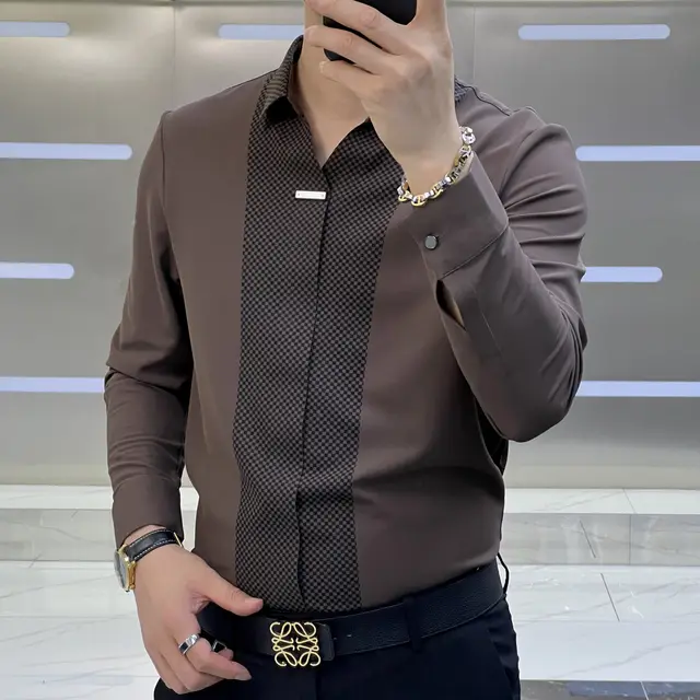 Men's Fashion Business Casual Long Sleeve Shirt Brown - Shop at LoveMi