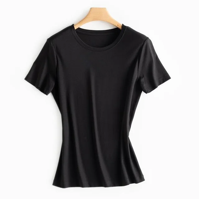 Mulberry Silk Women's Mercerized Cotton T shirt Fine Solid Color Round Neck Short Sleeves Black - Shop at LoveMi