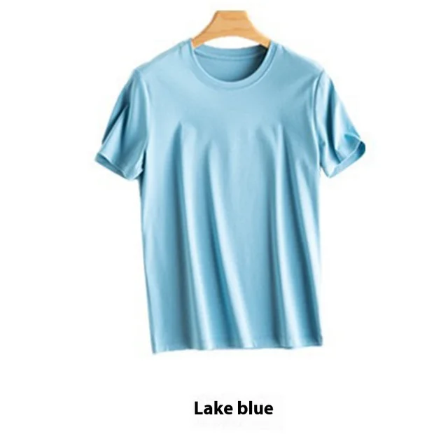 Mulberry Silk Women's Mercerized Cotton T shirt Fine Solid Color Round Neck Short Sleeves Lake Blue - Shop at LoveMi