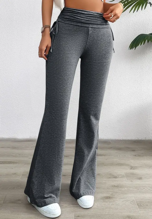 Casual Solid Color Slim Fit Pleating Trousers Deep Flower Gray - Shop at LoveMi