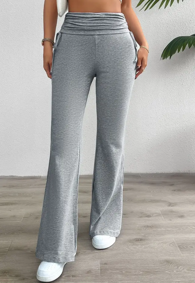 Casual Solid Color Slim Fit Pleating Trousers Flower Gray - Shop at LoveMi