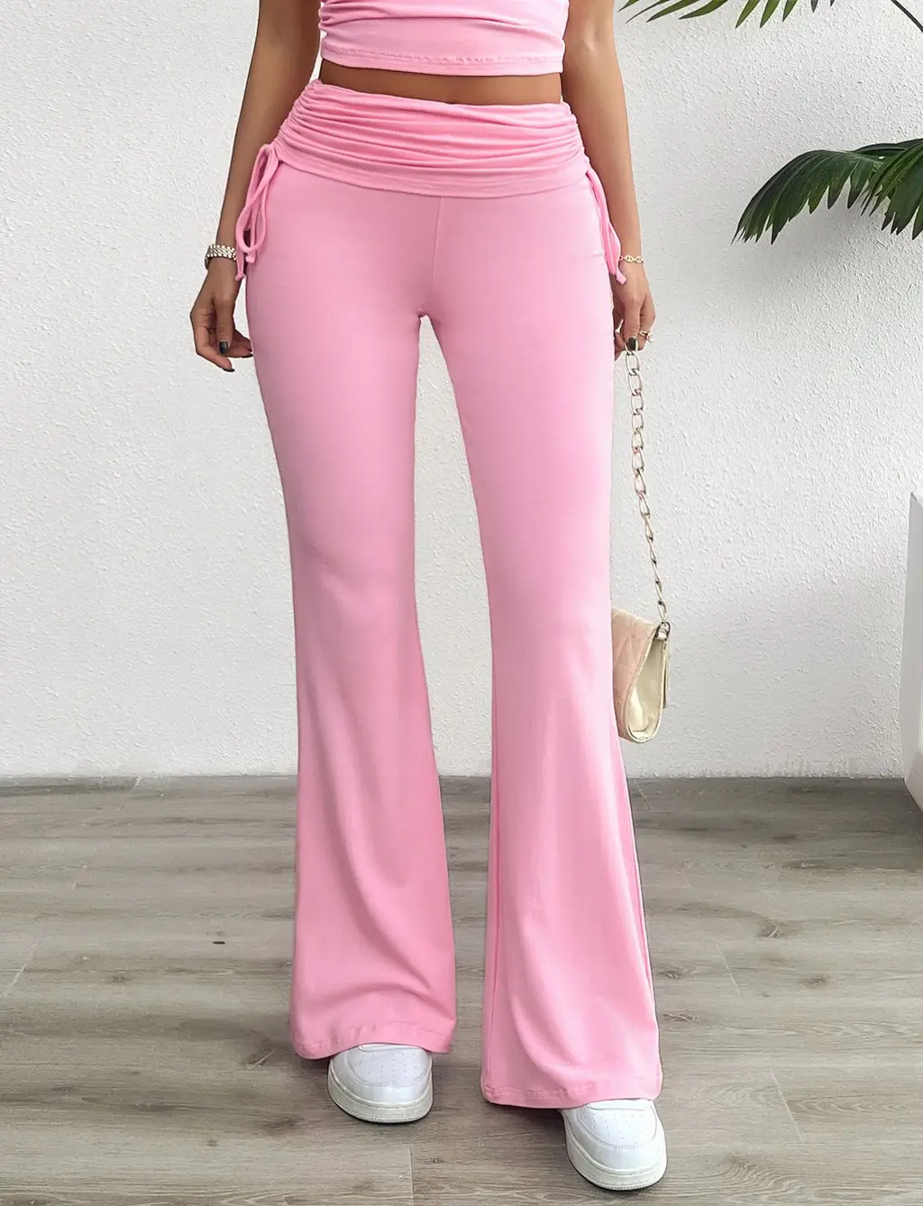 Casual Solid Color Slim Fit Pleating Trousers - Pink