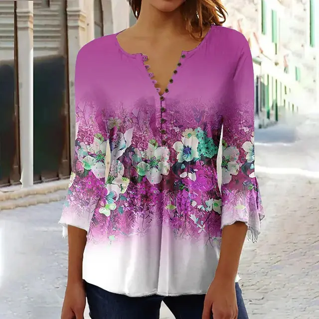 Women's 3d Digital Printing Button V neck Flared Sleeves T shirt 06Style - Shop at LoveMi