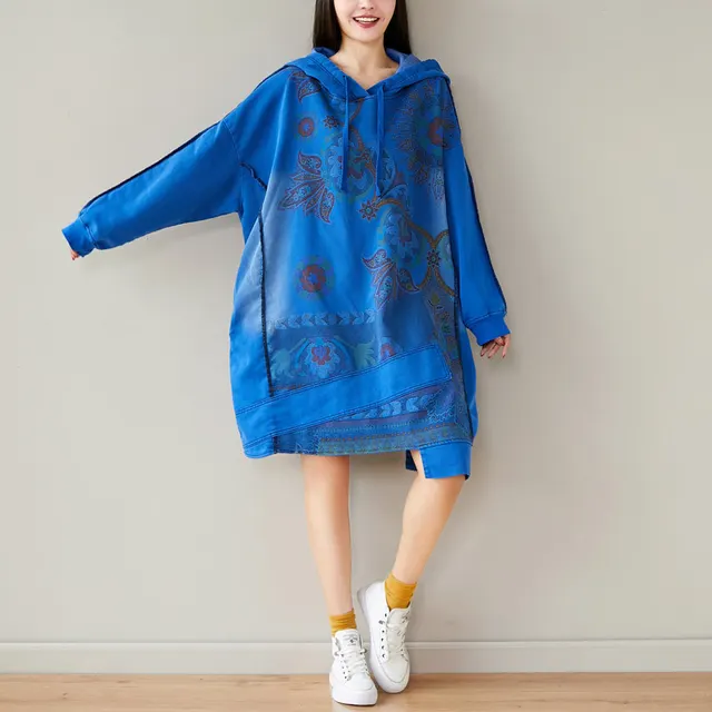 Women's Retro Artistic Hooded Mid length Sweater Dress Blue - Shop at LoveMi