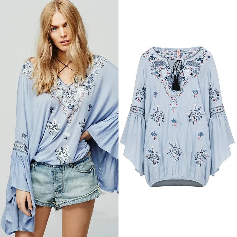 Women's Bohemian V neck Lace up Embroidered Top Light Blue - Shop at LoveMi