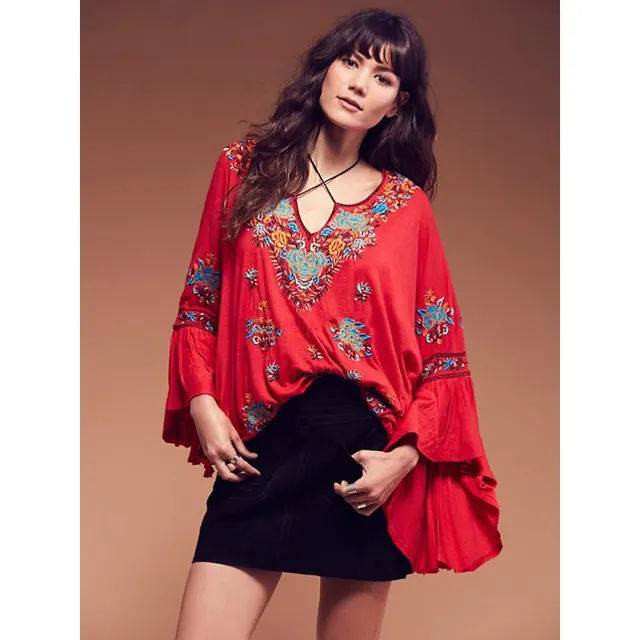 Women's Bohemian V neck Lace up Embroidered Top Red - Shop at LoveMi